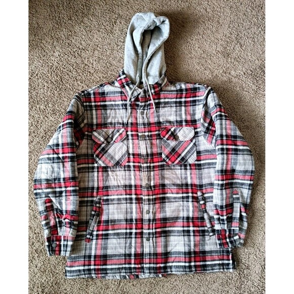 RedHead Other - Red Head Flannel Jacket Quilted Red Plaid Men's XL Hooded Full Zip Pockets